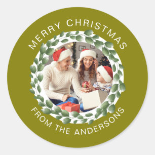 Einfache Elegante Round Christmas Foto Familiennam Runder Aufkleber