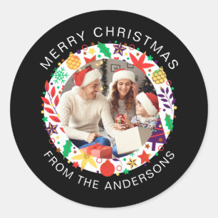 Einfache Elegante Round Christmas Foto Familiennam Runder Aufkleber