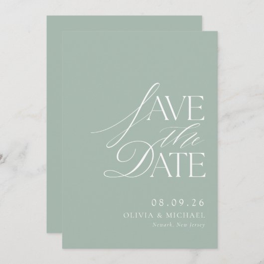 Einfache Elegante Sage Green Chic Hochzeit Save The Date (Vorne/Hinten)
