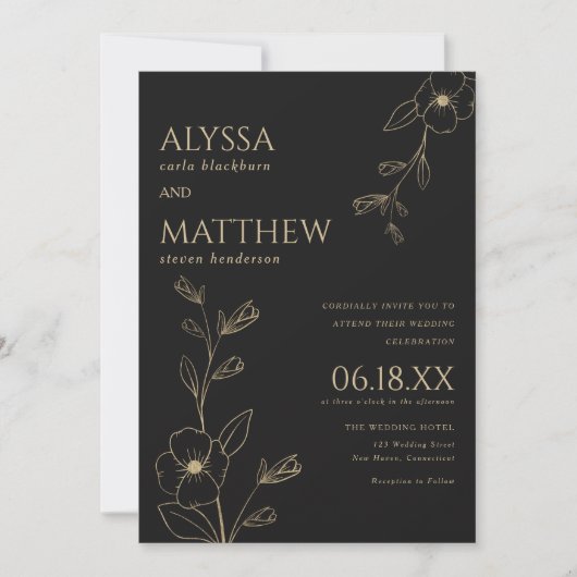 Einfache elegante Schwarz-Gold-Blumenhochzeit Einladung (Vorderseite)