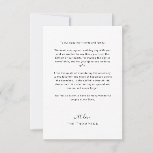 Einfache, elegante Schwarz-Script-Foto-Hochzeit Dankeskarte (Rückseite)