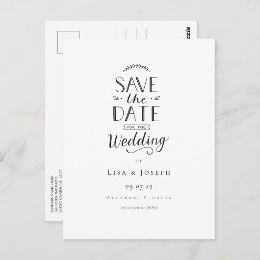 Einfache Elegante Schwarz und Weiß Save the Date Postkarte (Vorne/Hinten)