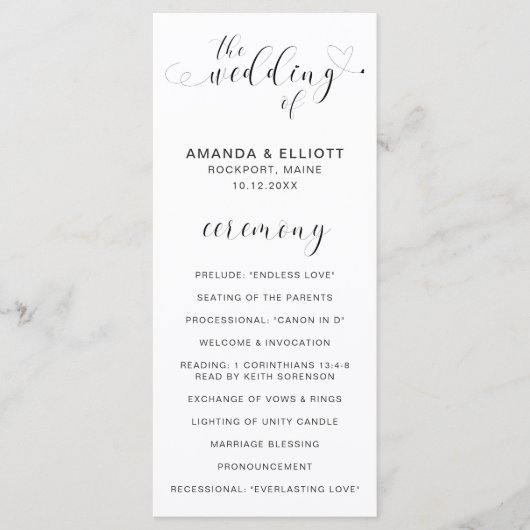 Einfache, elegante Schwarz-Weiß-Heart-Hochzeit Programm (Vorderseite)