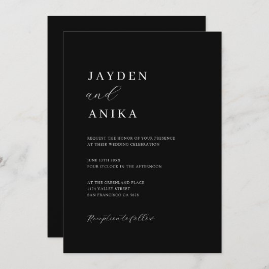Einfache elegante Schwarz-Weiß-Hochzeit Einladung (Vorne/Hinten)