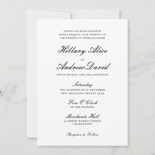 Einfache, elegante Schwarz-Weiß-Hochzeit Einladung (Vorderseite)