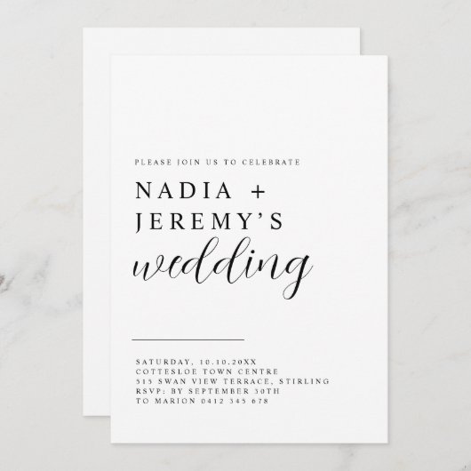 Einfache elegante Schwarz-Weiß-Hochzeit Einladung (Vorne/Hinten)