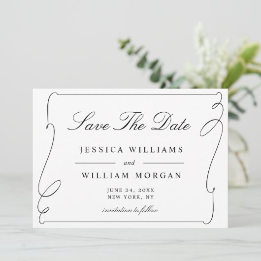 Einfache, elegante Schwarz-Weiß-Hochzeit Save The Date (Stehend Vorderseite)