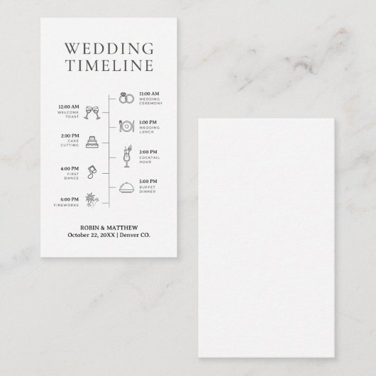 Einfache elegante Schwarz-Weiß-Hochzeit-Timeline Begleitkarte (Vorne/Hinten)