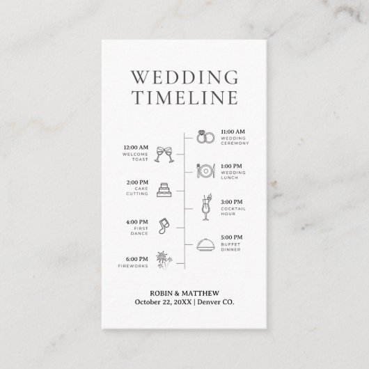 Einfache elegante Schwarz-Weiß-Hochzeit-Timeline Begleitkarte (Vorderseite)