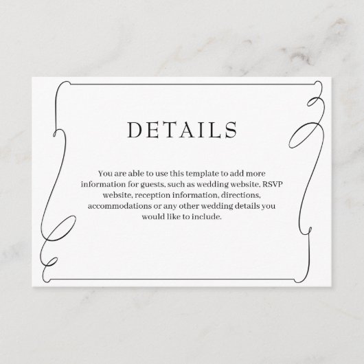 Einfache elegante Schwarz-Weiß-Hochzeitsdetails Begleitkarte (Vorderseite)