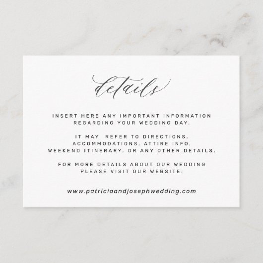 Einfache elegante Schwarz-Weiß-Hochzeitsdetails Begleitkarte (Vorderseite)
