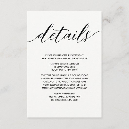 Einfache elegante Schwarz-Weiß-Hochzeitsdetails Begleitkarte (Vorderseite)