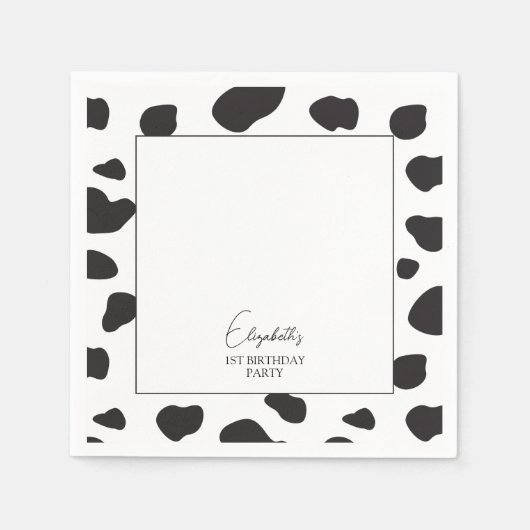 Einfache Elegante Schwarz-Weiß-Kuh Print Geburtsta Serviette (Vorderseite)