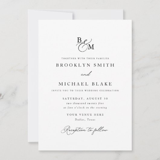 Einfache, elegante Schwarz-Weiß-Monogramm-Hochzeit Einladung (Vorderseite)