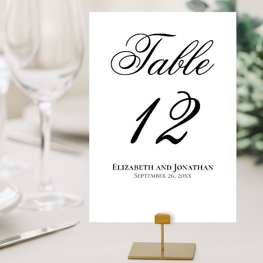 Einfache, elegante Schwarz-Weiß-Script-Hochzeit Tischnummer