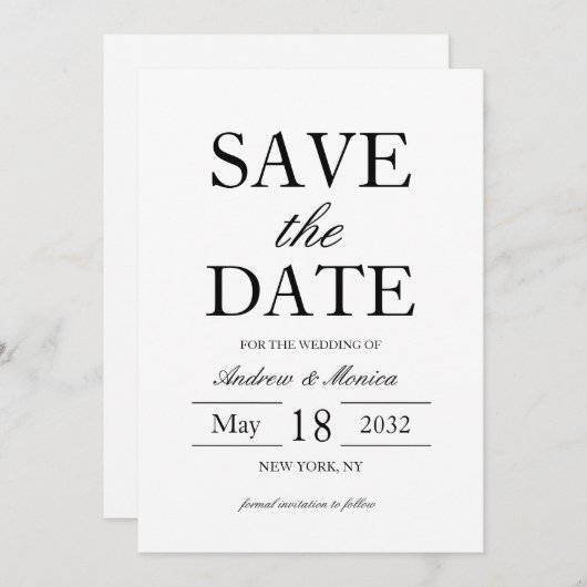 Einfache, elegante Schwarz-Weiß-Texte nur Hochzeit Save The Date (Vorne/Hinten)