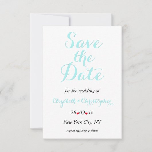 Einfache Elegante Schwarz-weiße Aquamarine Hochzei Save The Date (Vorderseite)
