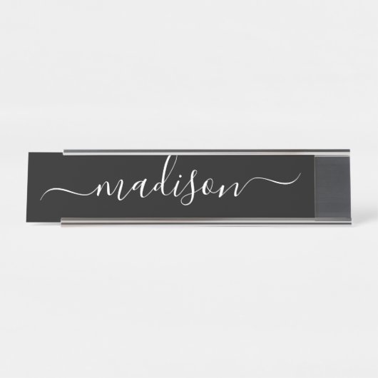 Einfache Elegante Schwarz-weiße Feminine Script Na Schreibtischnamensplakette (Vorderseite )