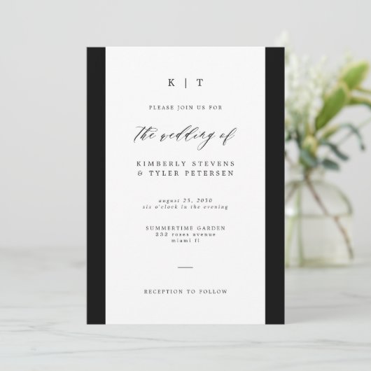 Einfache, elegante, schwarz-weiße Monogramm-Hochze Einladung (Stehend Vorderseite)