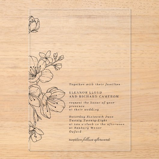 Einfache elegante Schwarze Blossom Blumenhochzeit Acryleinladungen (Vorderseite)