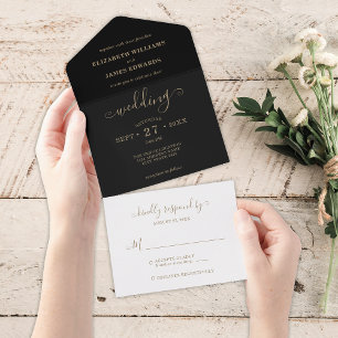 Einfache elegante schwarze Goldhochzeit All In One Einladung