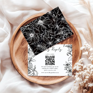 Einfache elegante schwarze weiße florale QR-Code-H RSVP Karte