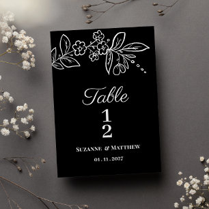 Einfache elegante schwarze weiße florale Tischnumm Einladung
