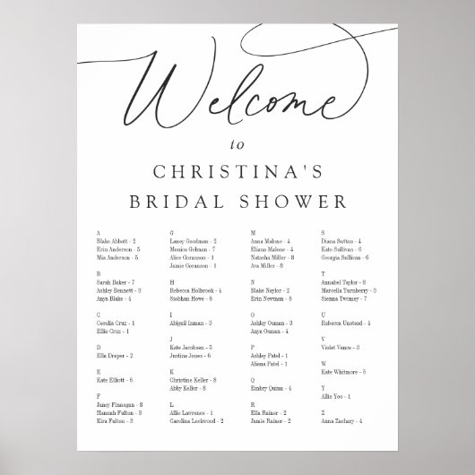 Einfache, elegante Script-Alphabetische Sitzkarte Poster (Vorne)