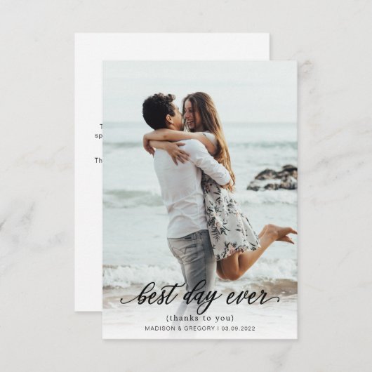 Einfache, elegante Script Best Day Ever Foto Hochz Dankeskarte (Vorne/Hinten)