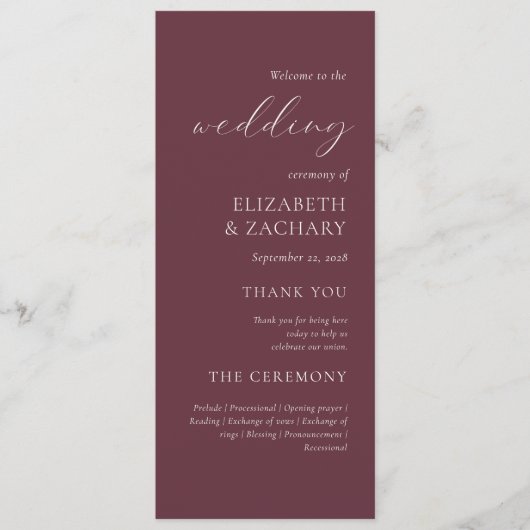 Einfache, elegante Script Burgundy Wedding Programm (Vorderseite)