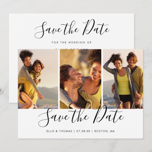 Einfache, elegante Script-FotoCollage Save The Date (Vorne/Hinten)