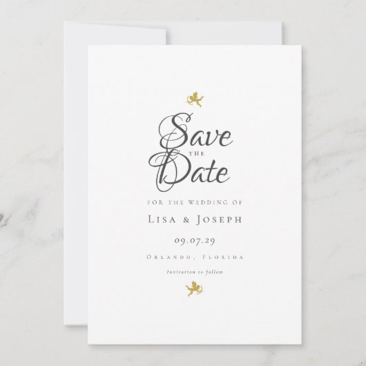 Einfache, elegante Script-Gold-Cupids Save the Dat Einladung (Vorderseite)
