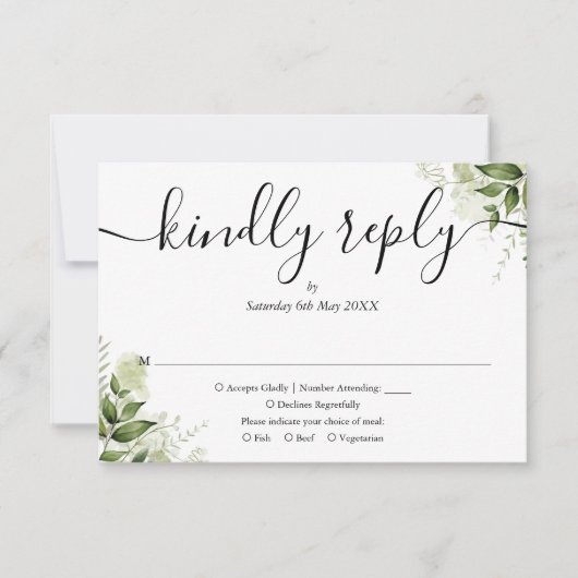 Einfache, elegante Script Greenerity Blätter Hochz RSVP Karte (Vorderseite)