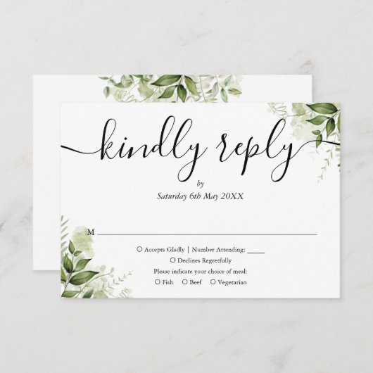 Einfache, elegante Script Greenerity Blätter Hochz RSVP Karte (Vorne/Hinten)