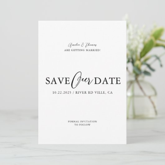 Einfache, elegante Script-Hochzeit Save The Date (Stehend Vorderseite)