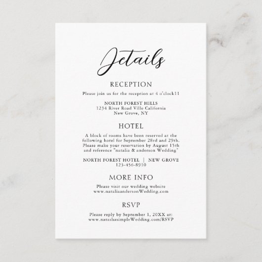 Einfache, elegante Script-Hochzeitdetails Begleitkarte (Vorderseite)