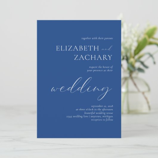 Einfache Elegante Script Indigo Blue Wedding Einladung (Stehend Vorderseite)