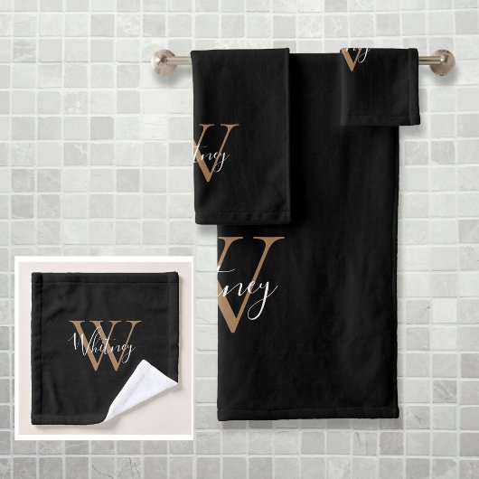 Einfache elegante Script Monogram Black and Gold Badhandtuch Set