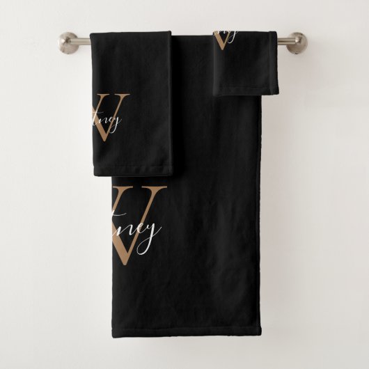 Einfache elegante Script Monogram Black and Gold Badhandtuch Set (Insitu)