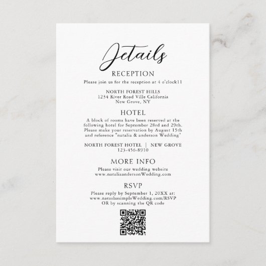 Einfache elegante Script Qr Code Hochzeitdetails Begleitkarte (Vorderseite)