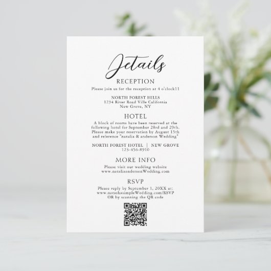 Einfache elegante Script Qr Code Hochzeitdetails Begleitkarte (Stehend Vorderseite)