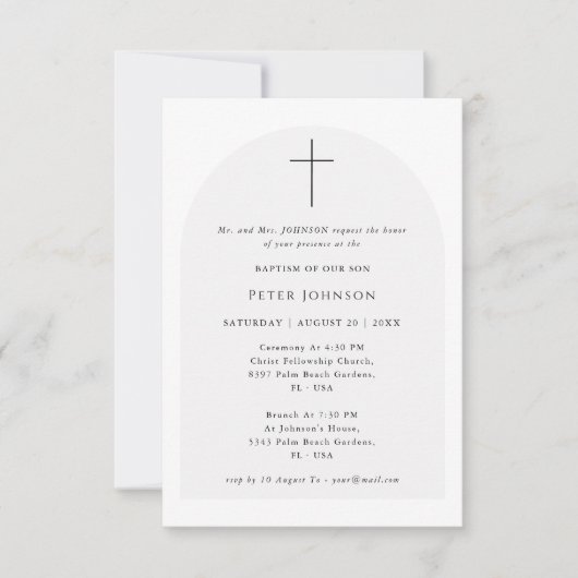 Einfache, elegante Script Schwarz-Weiß-Arch-Taufe Einladung (Vorderseite)