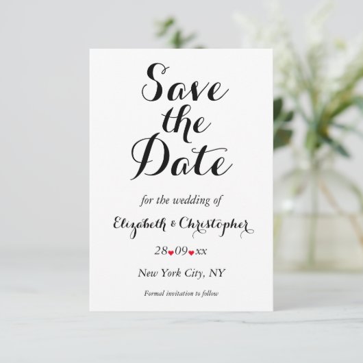 Einfache, elegante Script White Wedding Verlobung Save The Date (Stehend Vorderseite)