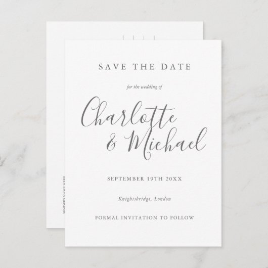 Einfache elegante Signature-Script-Save the Date-K Ankündigungspostkarte (Vorne/Hinten)