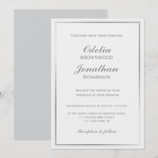 Einfache elegante Silver Frame & Gray Wedding Einladung (Vorne/Hinten)