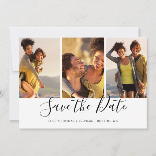 Einfache elegante Skript-Fotocollage Save The Date (Vorderseite)