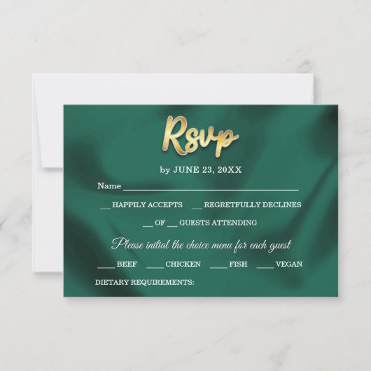 Einfache elegante Smaragdgrüne und goldene Script- RSVP Karte (Vorderseite)