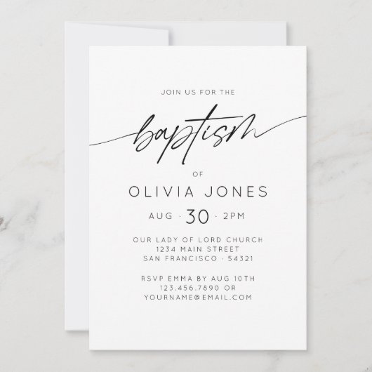 Einfache elegante Taufe Christening Minimale Skrip Einladung (Vorderseite)