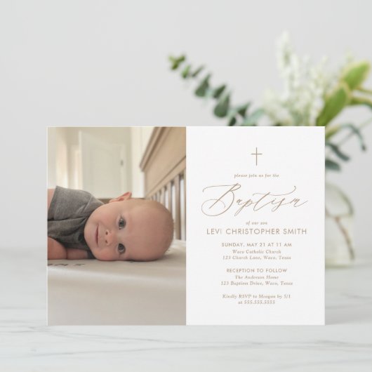 Einfache, elegante Taufe des Fotos Einladung (Stehend Vorderseite)