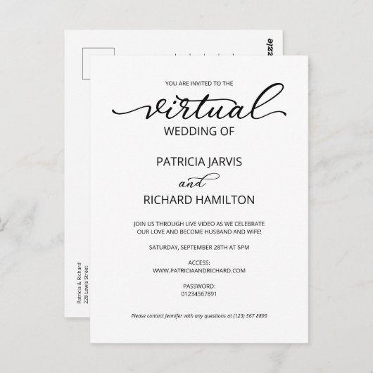 Einfache elegante virtuelle Hochzeitseinladung Postkarte (Vorne/Hinten)
